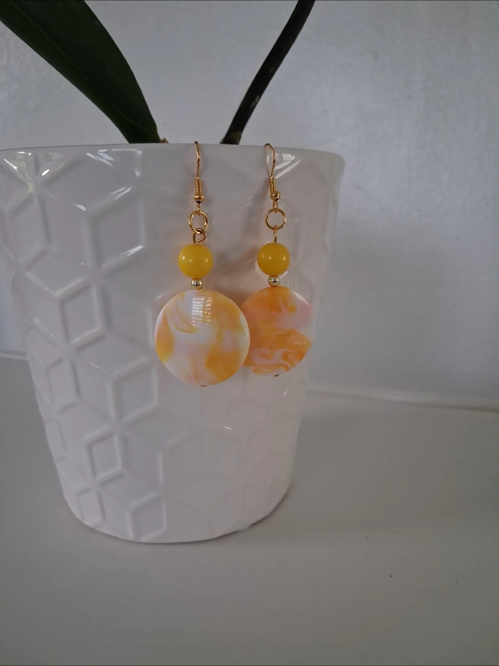 Handmade Yellow Swirl Disc Drop Earrings